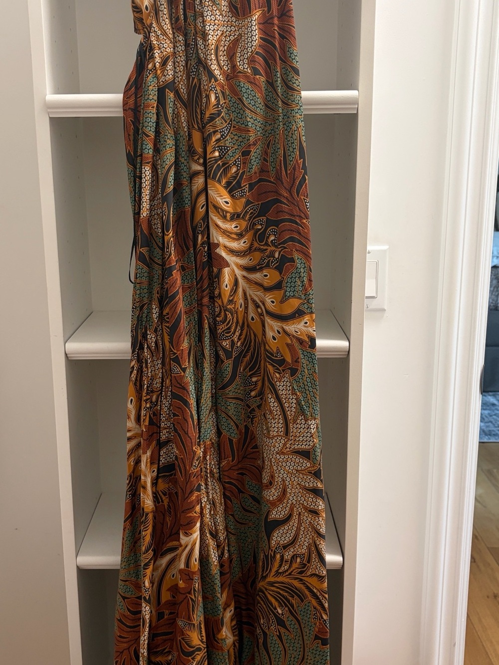 Natalie Martin Brown, Green and Gold Leaf-Print Maxi Dress